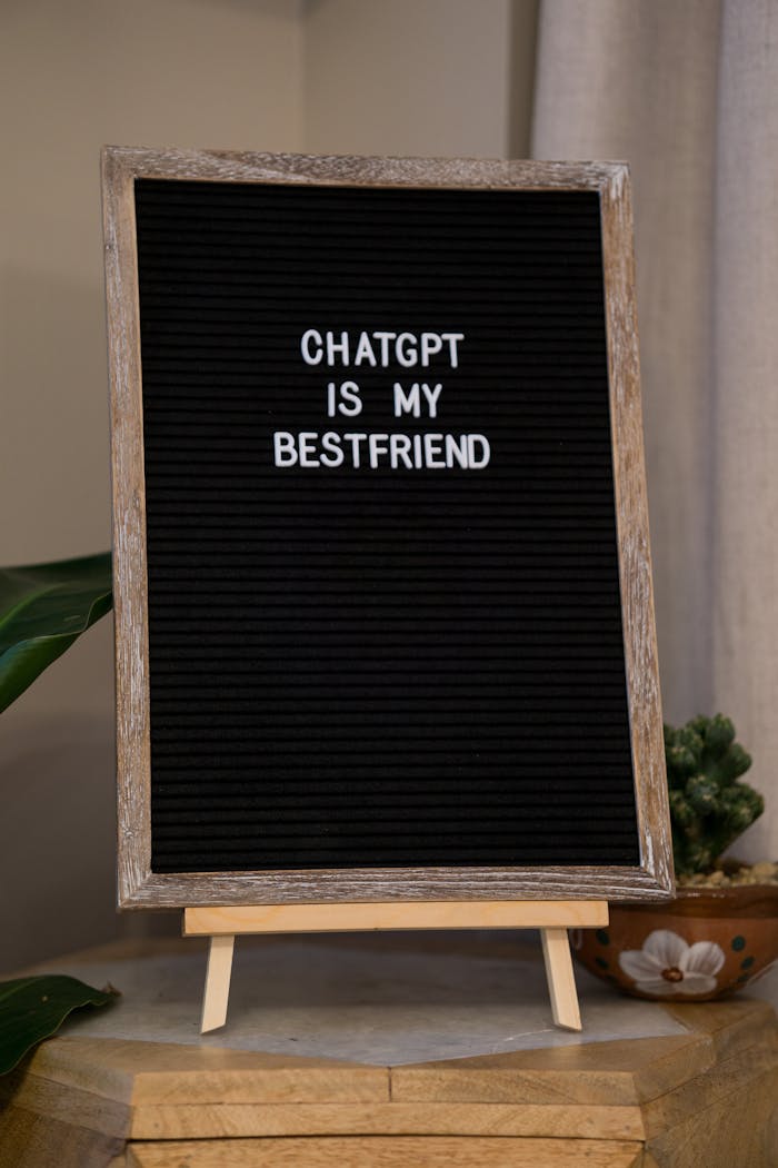 services-02 A wooden framed sign displaying the text 'ChatGPT is my bestfriend' on a black background.